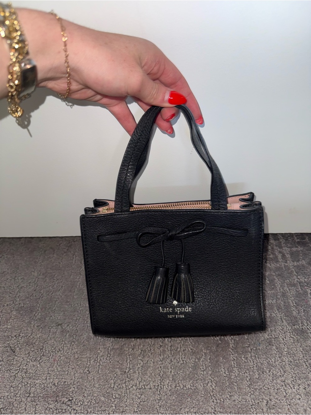 kate spade Black Leather Mini Tote with Tassels